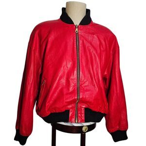 Vintage 90s Melanzona Lipstick Red Leather Moto Jacket Black Knit Trim Sz M EUC